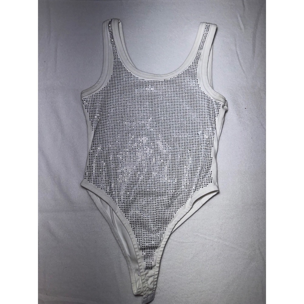 Lizette Collection White Rhinestone Halter Bodysuit Small Glam Clubwear